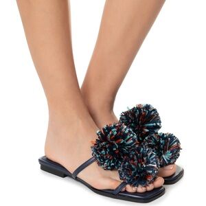 Blue Sandals with Decorative Pom-Poms
